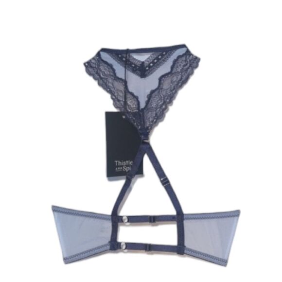 NWT Thistle and Spire Bralett Halter back Denim blue color strappy lace size 32B - Picture 3 of 9